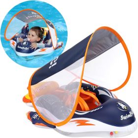 Inflatable Baby Swimming Float with Safe Bottom Support and Retractable Fabric Canopy for Safer Swims (Space Blue, Large)