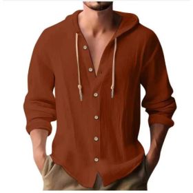 Cotton And Linen Shirt Hooded Sweater Button Long Sleeve (Option: Brick red-XL)