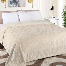 Flannel Fleece Blanket – Alaska Diamond Quilted - Warm and Plush (Color: Ivory, size: Full/Queen)