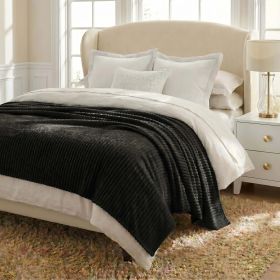 Kacey Ribbed Fluffy Fleece Blanket - Plush Striped Textured Throw (Color: Black, size: King)