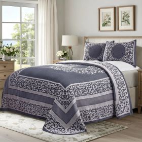 Lightweight Cotton Jacquard Bedspread Set – 3‑Piece Floral Scroll (Color: Denim Blue, size: King)