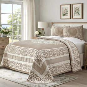Lightweight Cotton Jacquard Bedspread Set – 3‑Piece Floral Scroll (Color: Taupe, size: King)