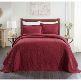 Aspen Jacquard Bedspread Set – 3‑Piece Cotton Blend Floral Bedding (Color: Burgundy, size: King)