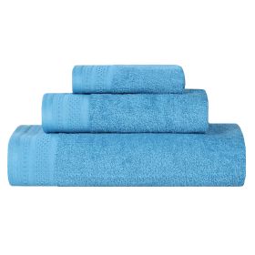 Honeycomb Textured Waffle Border Cotton 3 Piece Towel Set (Color: Azure, size: 3 Piece Towel Set)