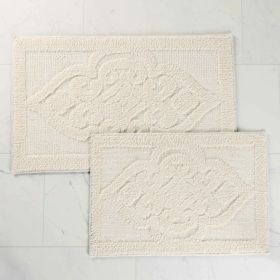 Myra Medallion Textured Jacquard Machine Washable Bath Rugs, Set of 2 (Color: Ivory, size: medium)