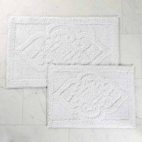 Myra Medallion Textured Jacquard Machine Washable Bath Rugs, Set of 2 (Color: White, size: medium)