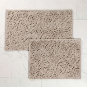 Venere Floral Scroll Textured Machine Washable Bath Rugs, Set of 2 (Color: Beige, size: medium)