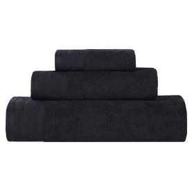 Honeycomb Textured Waffle Border Cotton 3 Piece Towel Set (Color: Black, size: 3 Piece Towel Set)