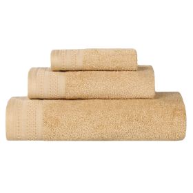 Honeycomb Textured Waffle Border Cotton 3 Piece Towel Set (Color: Gold, size: 3 Piece Towel Set)