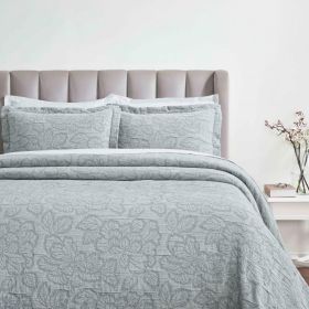 Floral Cotton Matelassé Bedspread Set Hibiscus Jacquard (3-Piece) (Color: Grey, size: Queen)