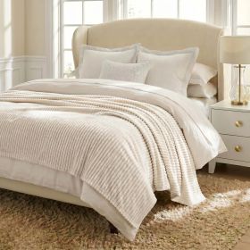 Kacey Ribbed Fluffy Fleece Blanket - Plush Striped Textured Throw (Color: Ivory, size: Twin)