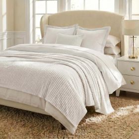 Kacey Ribbed Fluffy Fleece Blanket - Plush Striped Textured Throw (Color: White, size: Twin)