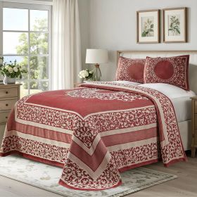 Lightweight Cotton Jacquard Bedspread Set – 3‑Piece Floral Scroll (Color: Berry Red, size: Twin)