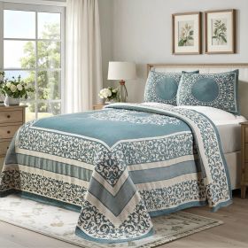 Lightweight Cotton Jacquard Bedspread Set – 3‑Piece Floral Scroll (Color: Cerulean Blue, size: Full)