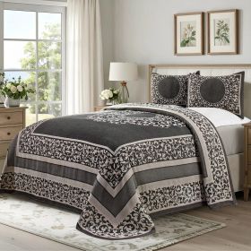 Lightweight Cotton Jacquard Bedspread Set – 3‑Piece Floral Scroll (Color: Charcoal, size: Full)