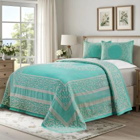 Lightweight Cotton Jacquard Bedspread Set – 3‑Piece Floral Scroll (Color: Turquoise, size: Twin)