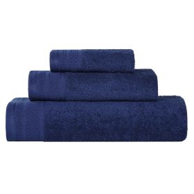 Honeycomb Textured Waffle Border Cotton 3 Piece Towel Set (Color: Navy Peony, size: 3 Piece Towel Set)