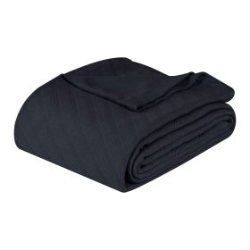 Milan Cotton Textured Jacquard Striped Lightweight Woven Blanket (Color: Navy Blue, size: California King)