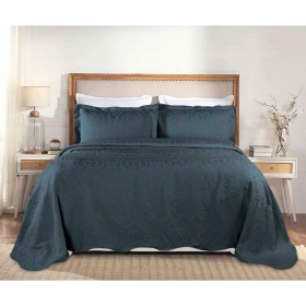 Aspen Jacquard Bedspread Set – 3‑Piece Cotton Blend Floral Bedding (Color: Deep Sea, size: Full)