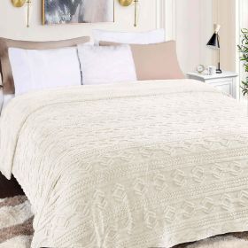 Fleece Blanket – Arctic Boho Knit Jacquard - Plush, Cozy Warmth (Color: Ivory, size: Twin)