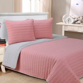 Brandon Cotton Embroidered Solid Reversible Breathable Quilt Set (Color: Pink, size: Full/Queen)