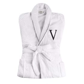 Cotton Embroidered Bathrobe Adults Unisex Bath Robe for Men and Women (Letter: Letter V, size: Large/Extra Large)
