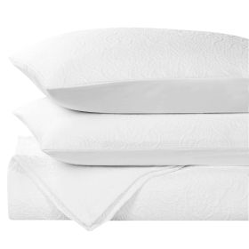 Floral Matelassé 3-Piece Bedspread and Pillow Sham Set – Enzy Medium Weight (Color: White, size: Full)