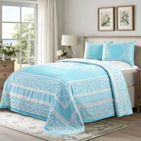 Lightweight Cotton Jacquard Bedspread Set – 3‑Piece Floral Scroll (Color: Aqua, size: King)