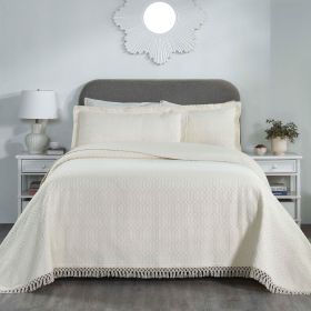 Lightweight Cotton Bedspread Set 3-Piece Remi Geometric Fringe Jacquard (Color: Ivory, size: Queen)