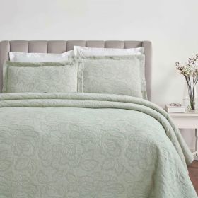 Floral Cotton Matelassé Bedspread Set Hibiscus Jacquard (3-Piece) (Color: Sage, size: King)
