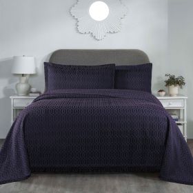 Lightweight Cotton Bedspread Set 3-Piece Remi Geometric Fringe Jacquard (Color: Navy Blue, size: Queen)
