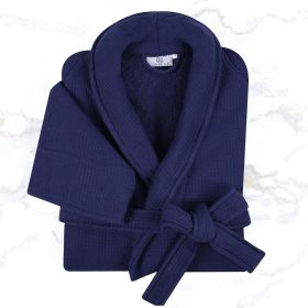 Waffle Weave Cotton Soft Lightweight Oversized Unisex Adult Bath Robe (Color: Navy Blue, size: large)
