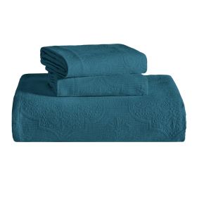 Florin Cotton Matelasse Weave Jacquard Scroll Medallion Bedspread Set (Color: Deep Sea, size: Full)