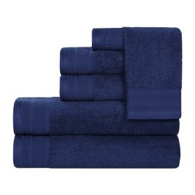 Honeycomb Textured Waffle Border Cotton 6 Piece Towel Set (Color: Navy Peony, size: 6 Piece Towel Set)