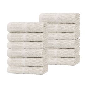 Juno Cotton Blend Checkered Ribbed Border Face Towels Washcloths, Set of 12 (Color: Biege, size: 12 Piece Face Towels)