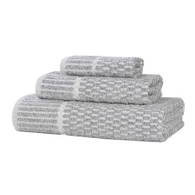 Juno Cotton Blend Textured Checkered Ribbed Border 3 Piece Towel Set (Color: Charcoal, size: 3 Piece Towel Set)
