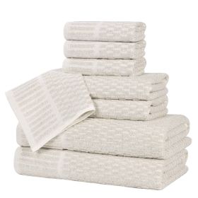 Juno Cotton Blend Textured Checkered Ribbed Border 8 Piece Towel Set (Color: Biege, size: 8 Piece Towel Set)