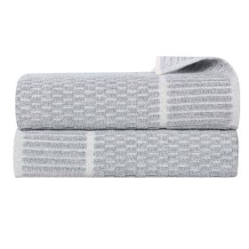 Juno Cotton Blend Textured Checkered Ribbed Border Bath Sheets, Set of 2 (Color: Denim Blue, size: 2 Piece Bath Sheets)