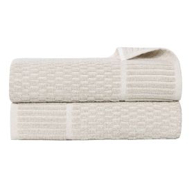 Juno Cotton Blend Textured Checkered Ribbed Border Bath Sheets, Set of 2 (Color: Biege, size: 2 Piece Bath Sheets)