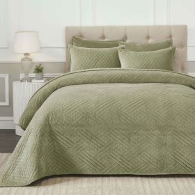 Karina Cotton Velvet Lightweight Geometric Quilt and Pillow Sham Set (Color: Sage, size: Throw)