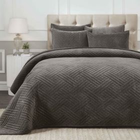 Karina Cotton Velvet Lightweight Geometric Quilt and Pillow Sham Set (Color: Grey, size: Throw)