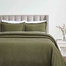Madrid Cotton Medium Weight Geometric Matelasse Bedspread and Sham Set (Color: Olive Green, size: Queen)