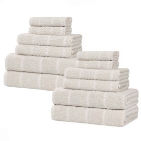 Naples Cotton Blend Textured Checkered and Ribbed 12 Piece Towel Set (Color: Biege, size: 12 Piece Towel Set)
