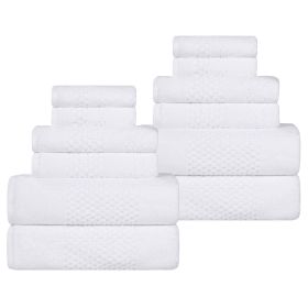 Playa Zero Twist Cotton Solid Waffle Textured 12 Piece Towel Set (Color: White, size: 12 Piece Towel Set)