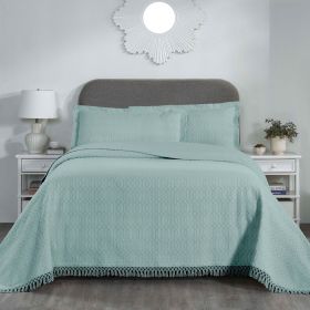 Lightweight Cotton Bedspread Set 3-Piece Remi Geometric Fringe Jacquard (Color: Aqua, size: Full)