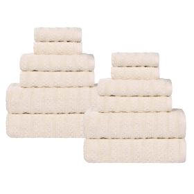 Zuma Zero Twist Cotton Medium Weight Waffle Stripes 12 Piece Towel Set (Color: Ivory, size: 12 Piece Towel Set)
